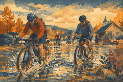Autumn Cyclists Splashing Through Rural Puddle