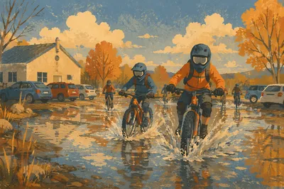 Autumn Cyclists Splashing Through Rural Puddle