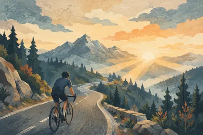 Mountain Road Cyclist at Golden Sunrise
