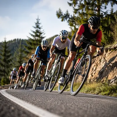 Road Cyclists Racing Uphill on Mountain Bend