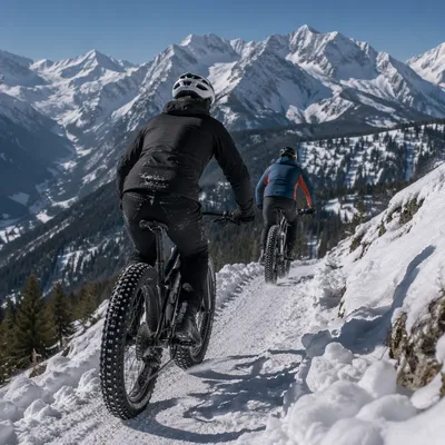 Winter Mountain Cyclists on Snowy Alpine Trail
