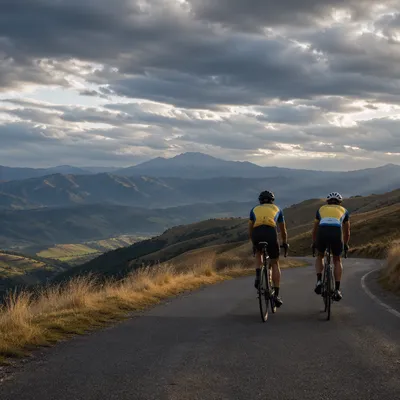 Mountain Road Cyclists Under Dramatic Sky