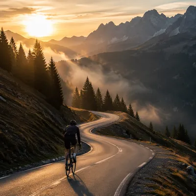 Lone Road Cyclist Climbing Mountain at Sunrise