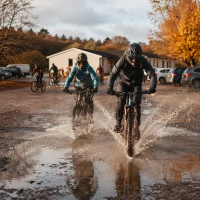 Mountain Cyclists Splashing Through Autumn Puddle