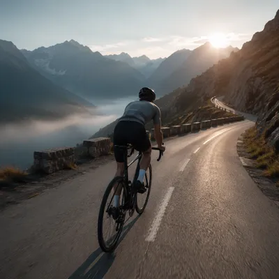 Road Cyclist Climbing Mountain at Sunrise