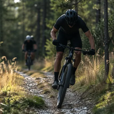 Cyclist Racing Through Sunlit Pine Forest Trail