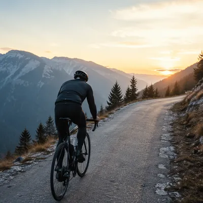 Cyclist Climbing Mountain Road at Sunrise