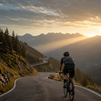 Road Cyclist Climbing Mountain Pass at Sunrise