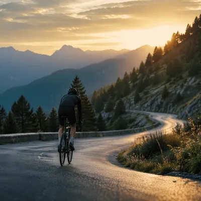 Road Cyclist Climbing Mountain at Sunrise