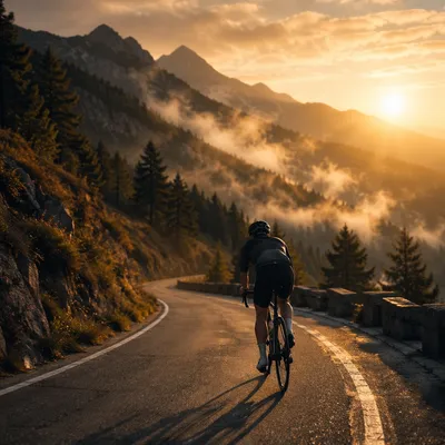 Sunrise Mountain Road Cyclist in Mist