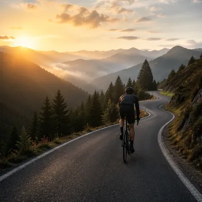 Cyclist Climbing Mountain Road at Dawn
