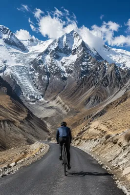 Road Cyclist Climbing Through Mountain Valley