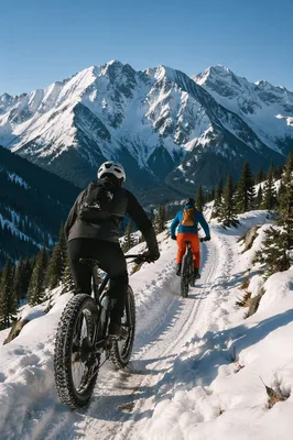 Winter Cyclists on Snowy Mountain Trail