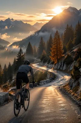 Lone Cyclist Climbing Mountain Road Sunrise