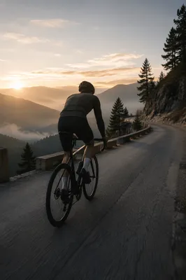 Road Cyclist Climbing Mountain at Sunrise