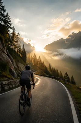 Cyclist Climbing Mountain Road at Sunrise
