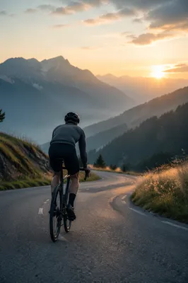Cyclist Climbing Mountain Road at Sunrise