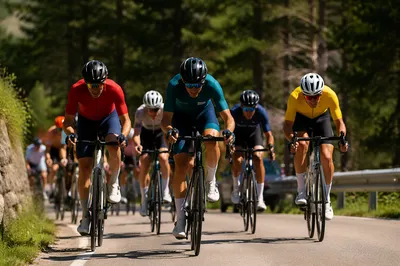 Road Cyclists Climbing Sunlit Mountain Road
