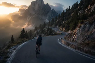 Sunrise Road Cyclist Climbing Mountain Pass