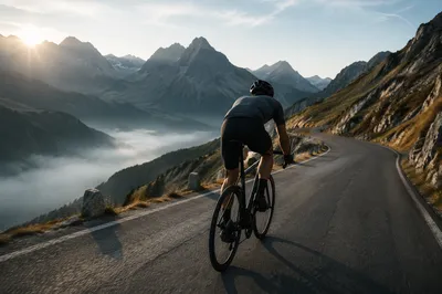 Road Cyclist Climbing Misty Mountain Pass