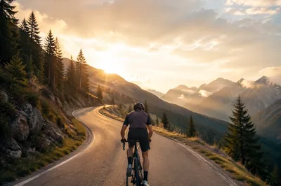 Road Cyclist Climbing Mountain Pass at Sunrise
