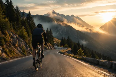 Mountain Road Cyclist at Peaceful Sunrise