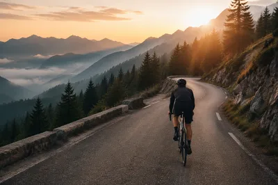Cyclist Climbing Mountain Road at Dawn