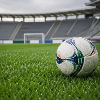 Soccer Ball on Dewy Stadium Grass