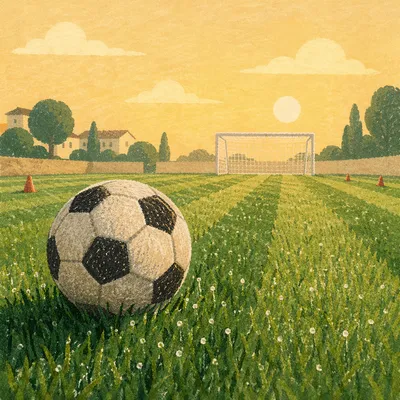 Soccer Ball on Dewy Sunrise Field