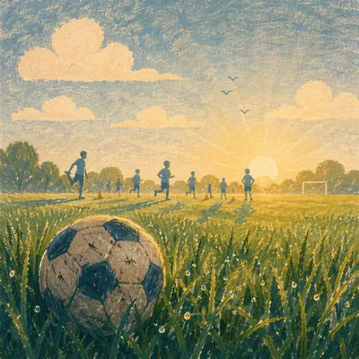 Soccer Ball on Dewy Sunrise Field