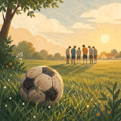Soccer Ball on Dewy Field at Sunrise