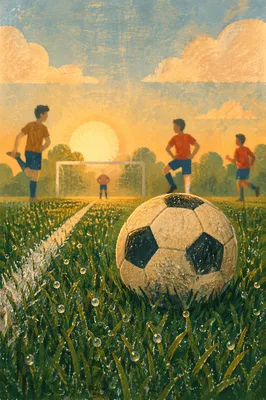 Soccer Ball on Dewy Morning Field