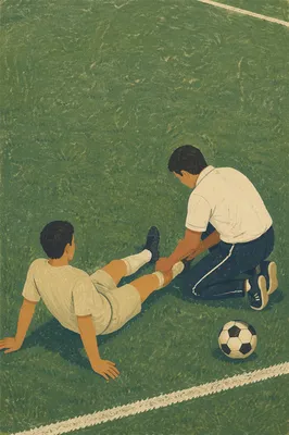 Soccer Trainer Assisting Injured Player on Grass