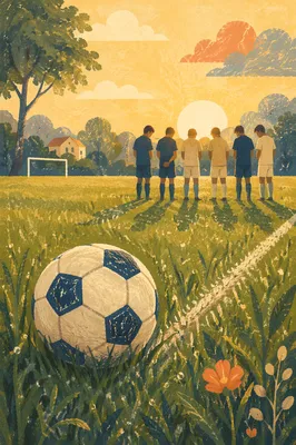 Soccer Ball on Dewy Field at Sunrise