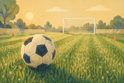 Soccer Ball on Dewy Sunrise Field