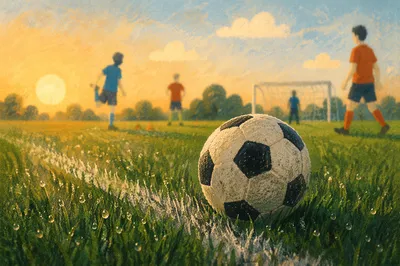 Soccer Ball on Dewy Morning Field