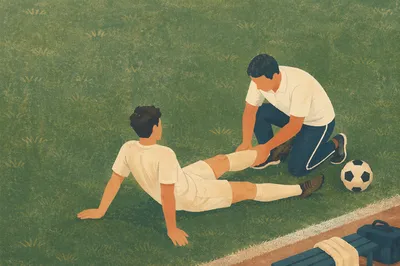 Soccer Trainer Assisting Injured Player on Grass