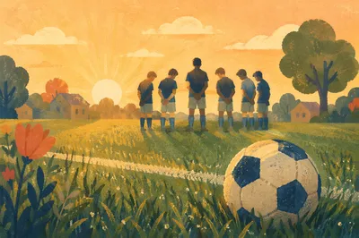 Soccer Ball on Dewy Field at Sunrise