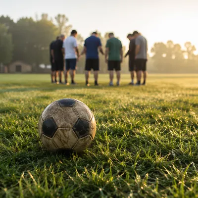 Soccer Ball on Dewy Field at Sunrise