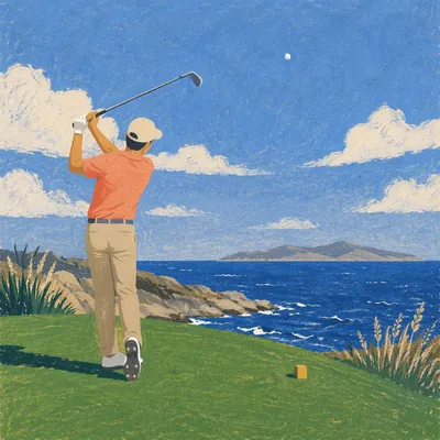 Coastal Golfer Swing Under Blue Sky