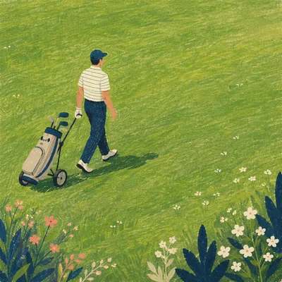 Solitary Golfer Walking Across Emerald Fairway