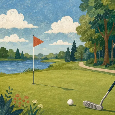 Peaceful Golf Green with Red Flag