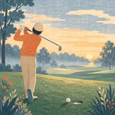 Morning Golf Swing on Dewy Green