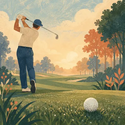 Morning Golf Swing on Dewy Green