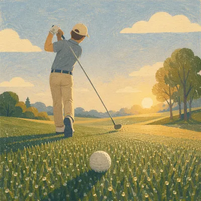 Morning Golf Swing on Dewy Green