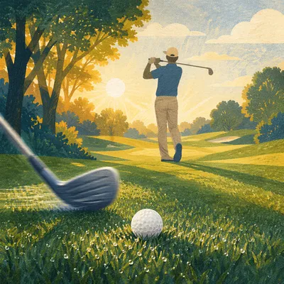 Sunrise Golf Swing on Dewy Green