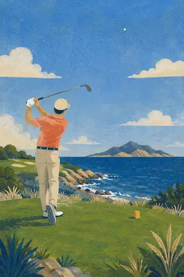 Coastal Golfer Swinging Toward Ocean Horizon