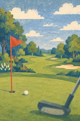 Sunny Golf Green With Red Pin Flag