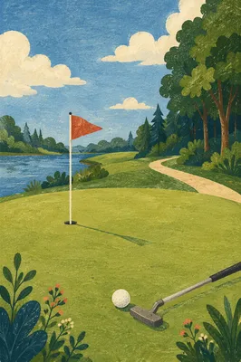 Peaceful Golf Green with Red Flag