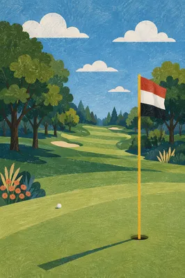 Quiet Summer Golf Green with Flagstick